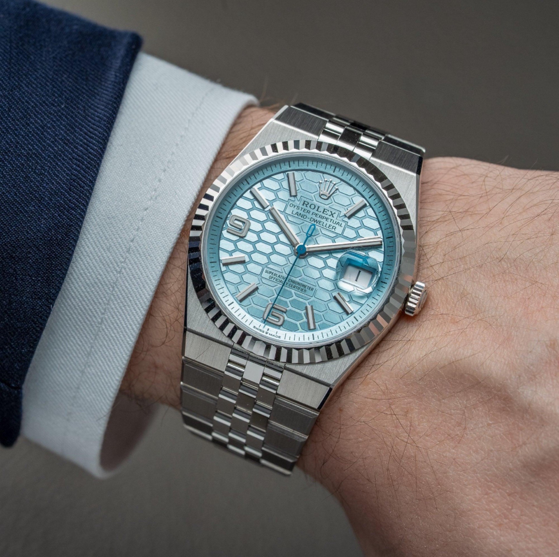 Rolex Land-Dweller Blue Dial Oystersteel White Gold